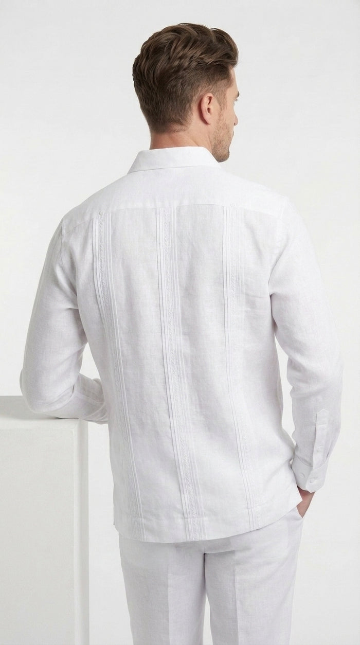 Men’s White 4 Pocket Short Sleeve Guayabera Shirt, Pleated Casual Dress Shirt
