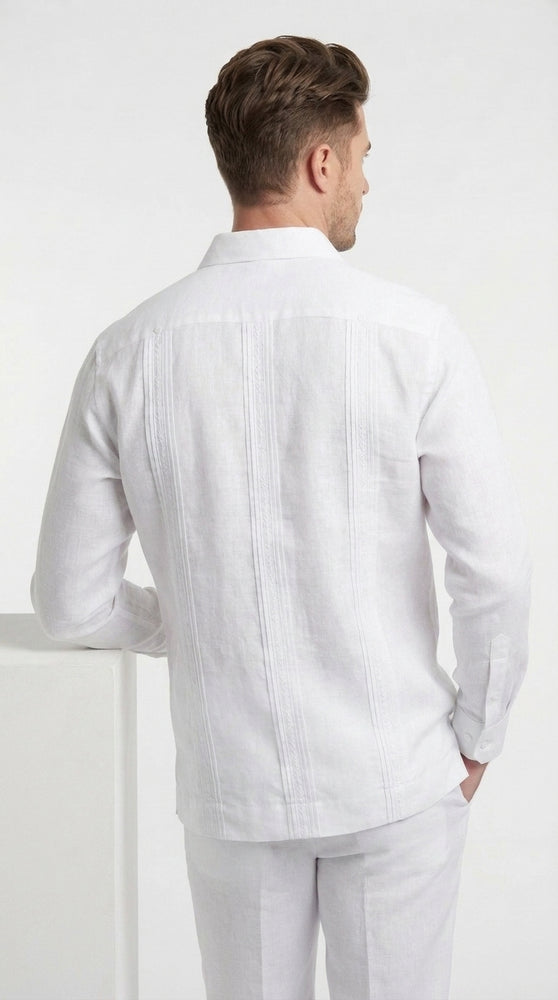 Men’s White 4 Pocket Short Sleeve Guayabera Shirt, Pleated Casual Dress Shirt