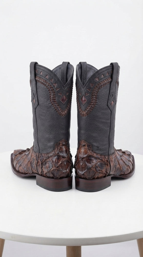 Men’s Brown Fish Skin Cowboy Boots, Exotic Western Dress Boots in Café Brown