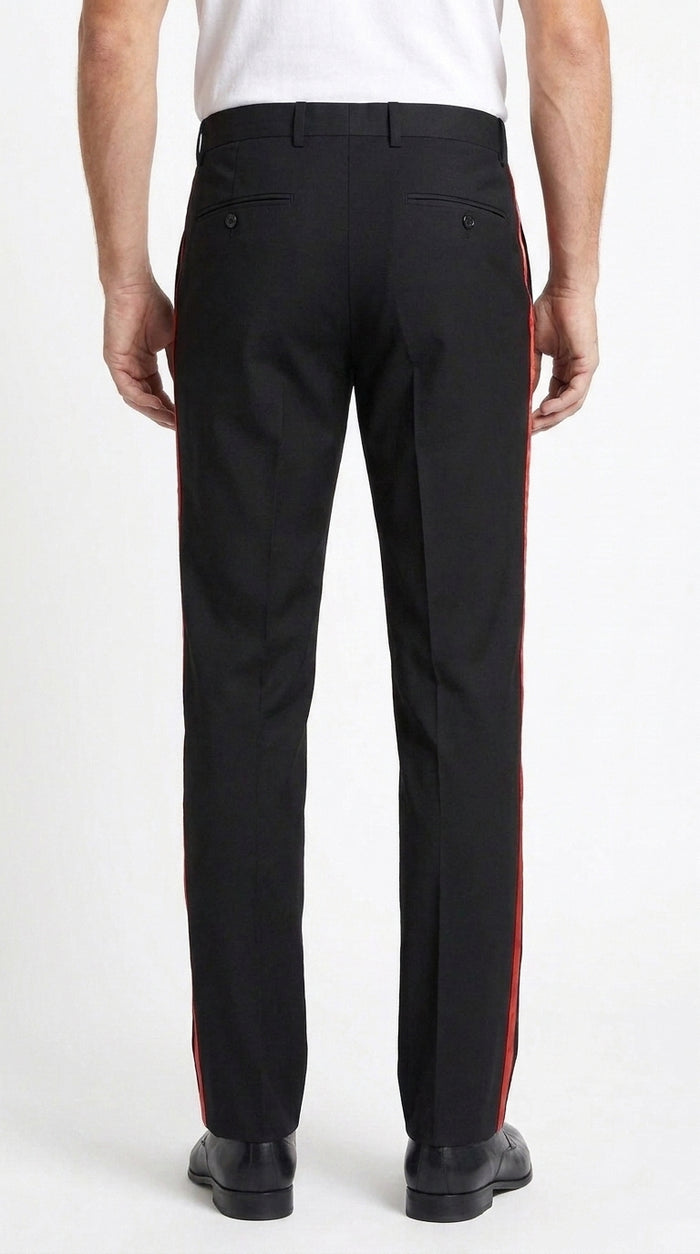 Men’s Black Tuxedo Pants with Red Satin Side Stripe, Classic Fit Flat or Pleated Formal Slacks