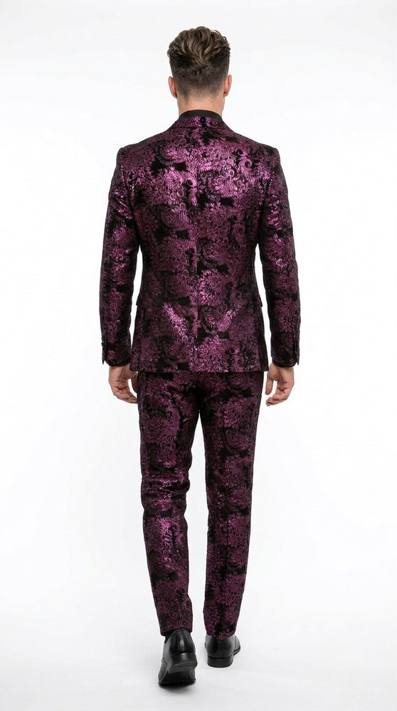 Men’s Black and Deep Pink Floral Tuxedo Suit, Slim Fit 2 Piece Formal Prom Wedding Suit with Bow Tie