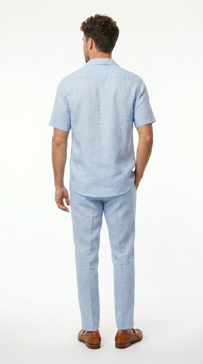 Men’s Light Blue Linen Walking Suit with Short Sleeve Shirt and Matching Pants, Summer Casual Outfit