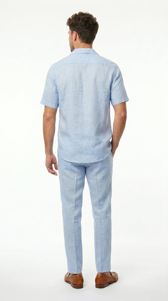 Men’s Light Blue Linen Walking Suit with Short Sleeve Shirt and Matching Pants, Summer Casual Outfit