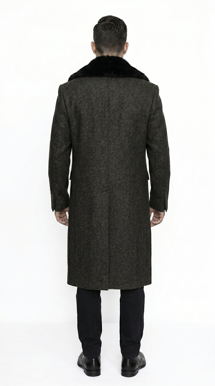 Men’s Brown Big and Tall Long Overcoat with Fur Style Collar, Winter Dress Topcoat in 4XL 5XL 6XL