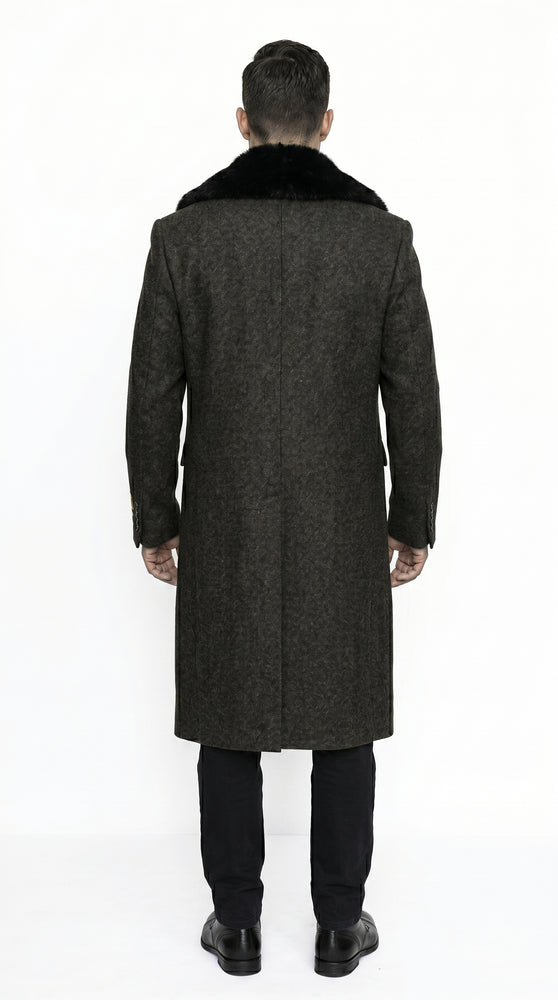 Men’s Brown Big and Tall Long Overcoat with Fur Style Collar, Winter Dress Topcoat in 4XL 5XL 6XL