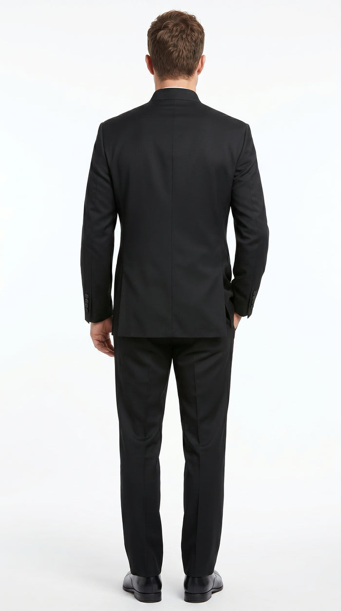 Men’s Black 5 Button Mandarin Collar Nehru Style Suit, Formal Banded Collar Dress Suit
