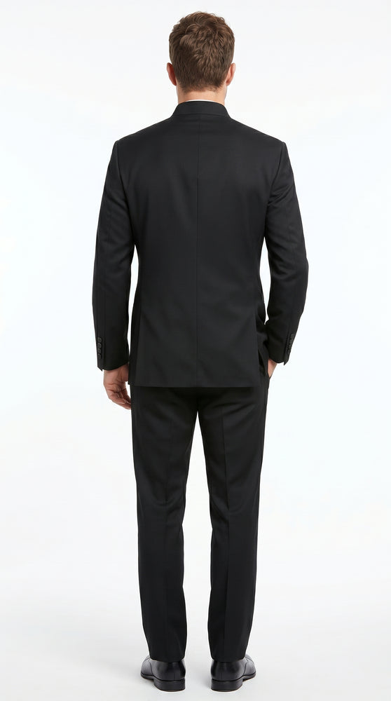 Men’s Black 5 Button Mandarin Collar Nehru Style Suit, Formal Banded Collar Dress Suit