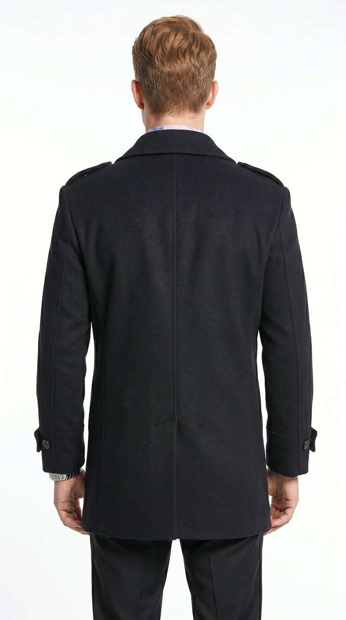 Men’s Black Wool Blend Double Breasted Peacoat, Designer Style Winter Dress Coat