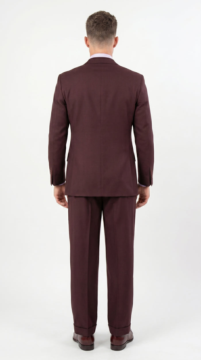 Men’s Burgundy Maroon 3 Piece Suit with Double Breasted Vest and Pleated Pants