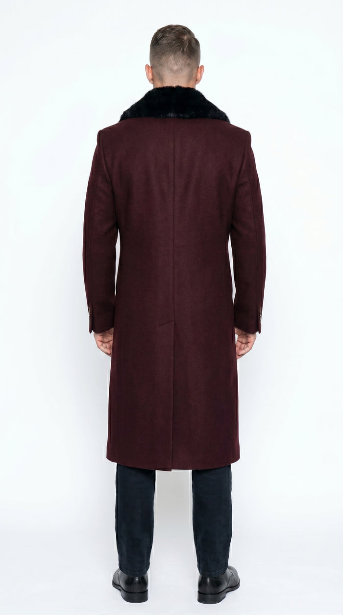 Men’s Burgundy Big and Tall Long Overcoat with Black Fur Style Collar, Winter Dress Topcoat up to Size 68