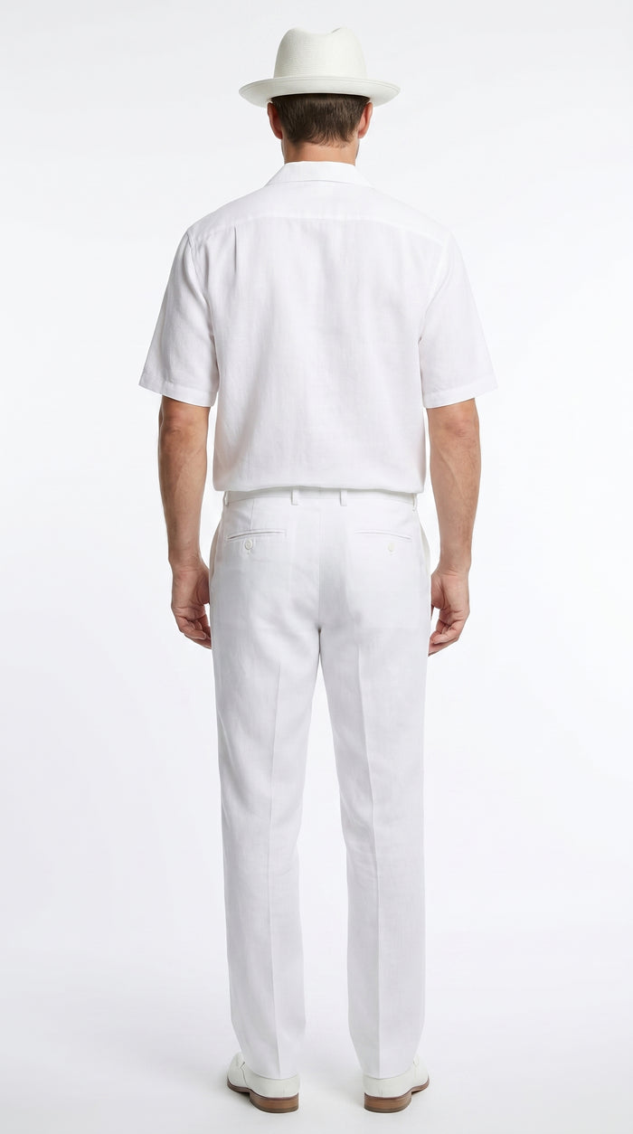 Men’s White Linen Walking Suit with Short Sleeve Shirt and Matching Pants, Summer Casual Outfit