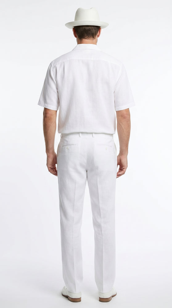 Men’s White Linen Walking Suit with Short Sleeve Shirt and Matching Pants, Summer Casual Outfit