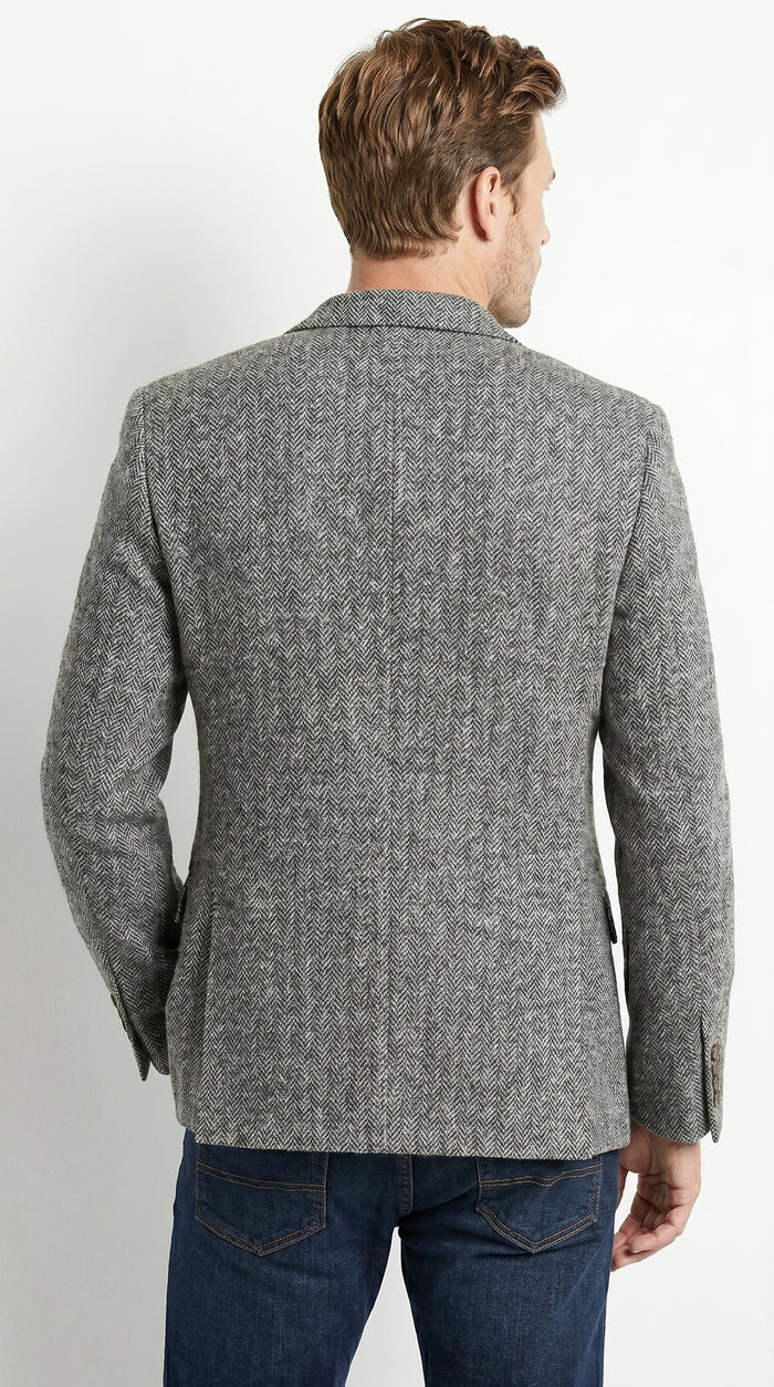 Men’s Grey Harris Tweed Herringbone Sport Coat, Classic Dress Casual Blazer Jacket