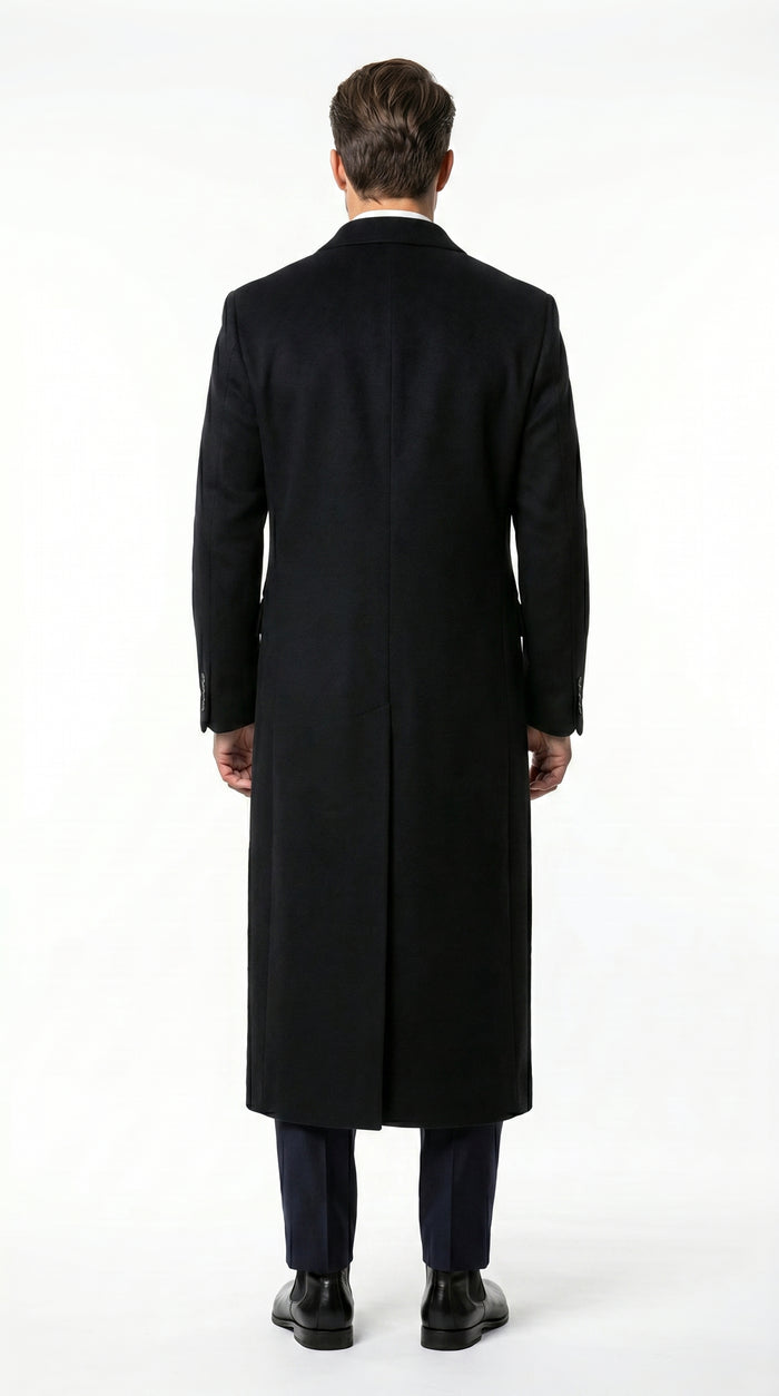 Men’s Black Cashmere Blend Full Length Overcoat, Double Breasted Winter Dress Coat