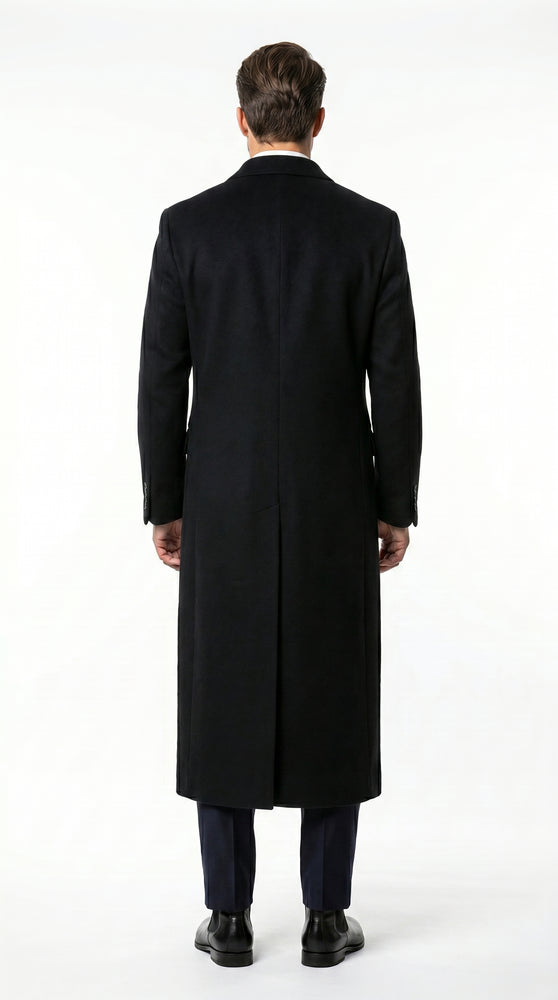 Men’s Black Cashmere Blend Full Length Overcoat, Double Breasted Winter Dress Coat