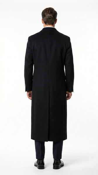 Men’s Black Cashmere Blend Full Length Overcoat, Double Breasted Winter Dress Coat