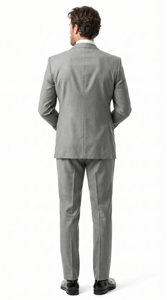 Men’s Grey 1920s Style 3 Piece Suit with Double Breasted Slanted Vest, Peak Lapel & Pleated Wide Leg Pants