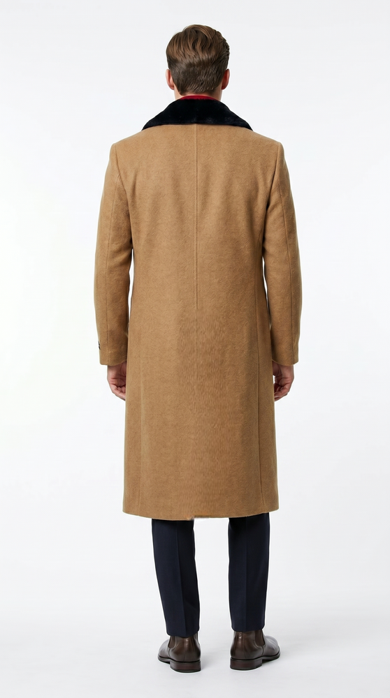 Men’s Camel Big and Tall Long Overcoat with Black Fur Style Collar, Winter Dress Topcoat up to Size 68