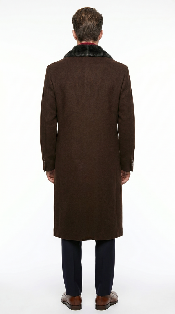 Men’s Brown Big and Tall Long Overcoat with Black Fur Style Collar, Winter Dress Topcoat up to Size 68