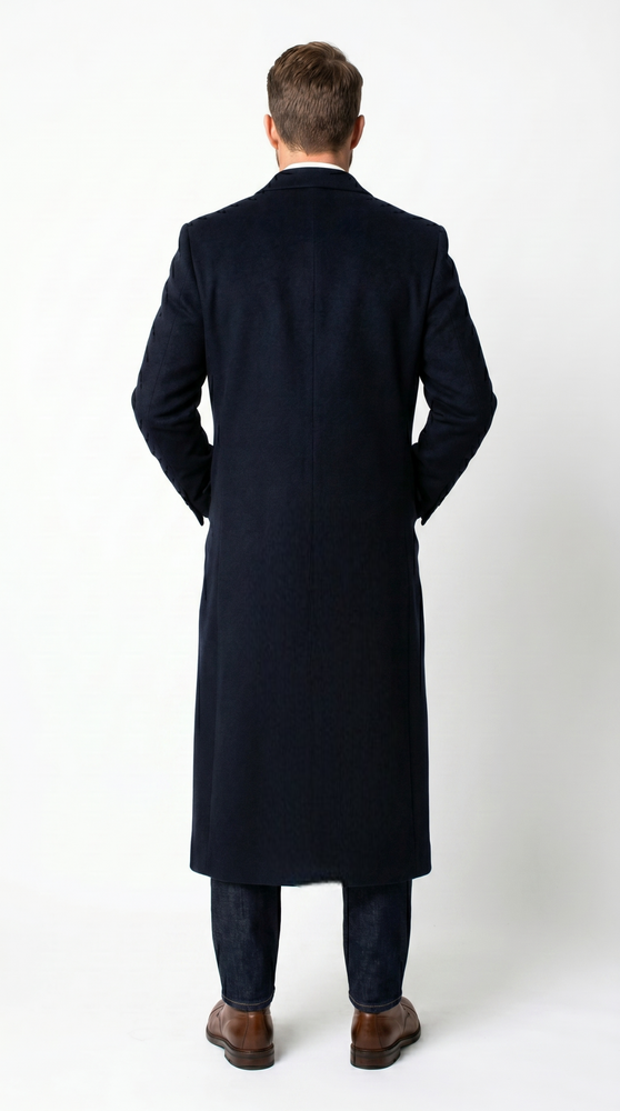 Men’s Black Cashmere Blend Full Length Overcoat, Double Breasted Winter Dress Topcoat