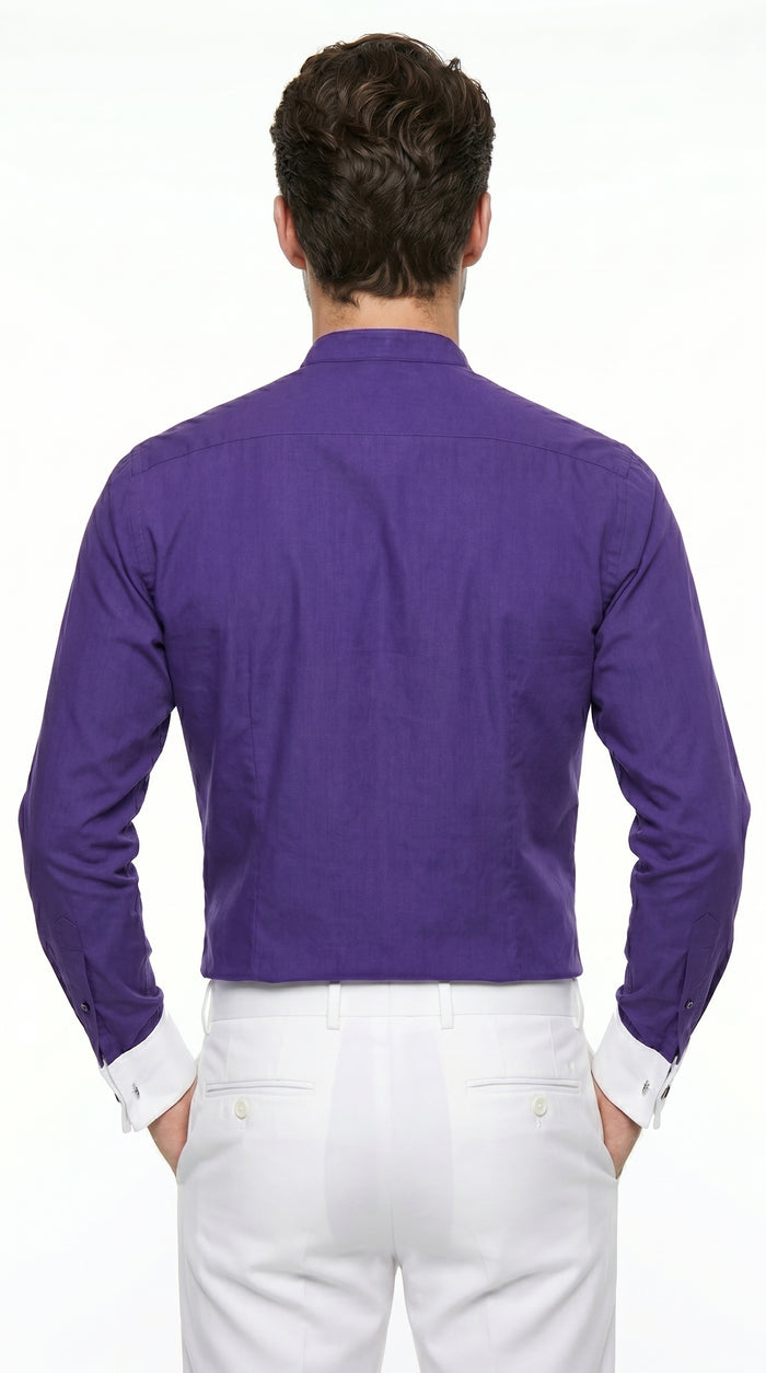 Men’s Mandarin Collarless Dress Shirt with French Cuffs, Preacher Round Collar Formal Shirt