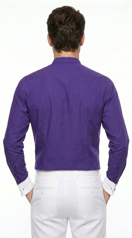 Men’s Mandarin Collarless Dress Shirt with French Cuffs, Preacher Round Collar Formal Shirt