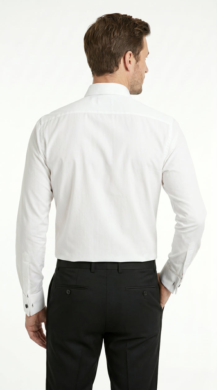 Men’s Vincent White Pleated Laydown Collar Tuxedo Shirt with French Cuffs, Ted Baker Brand Formal Shirt