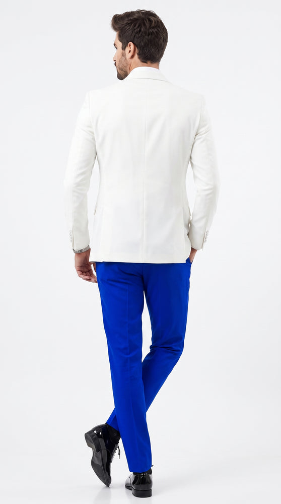 Men’s White and Royal Blue Tuxedo Wedding Suit – White Dinner Jacket with Royal Blue Vest, Pants & Bow Tie