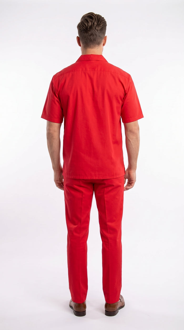 Men’s Red Linen Shirt and Pants Set – 2 Piece Short Sleeve Summer Walking Suit Casual Outfit