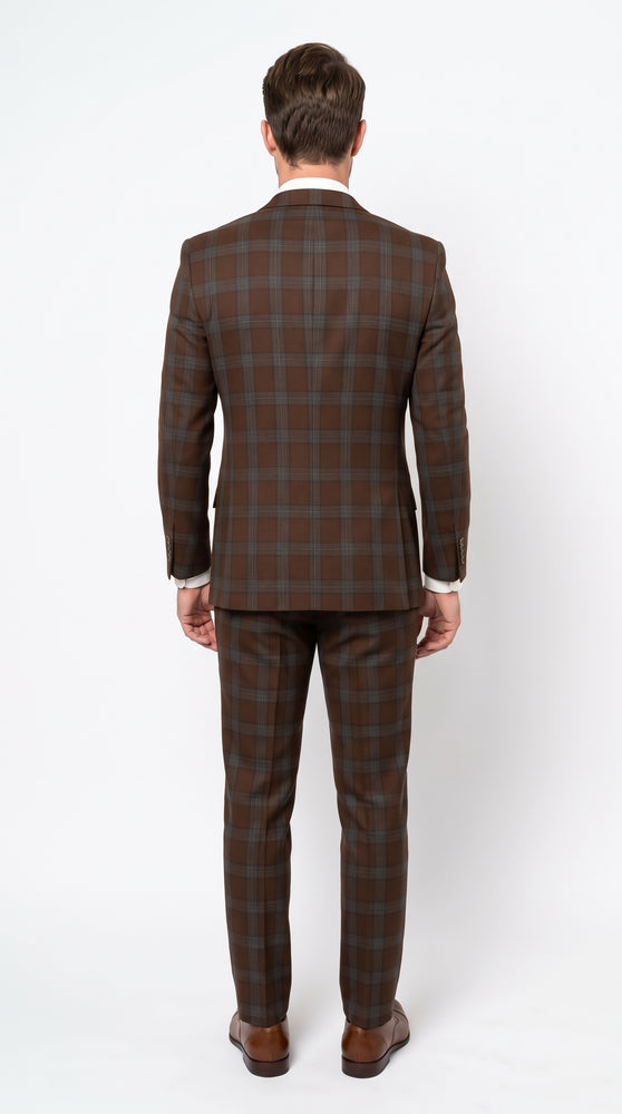 Statement Men’s Brown Plaid 3 Piece Wool Suit, Classic Fashion Suit with Double Breasted Vest