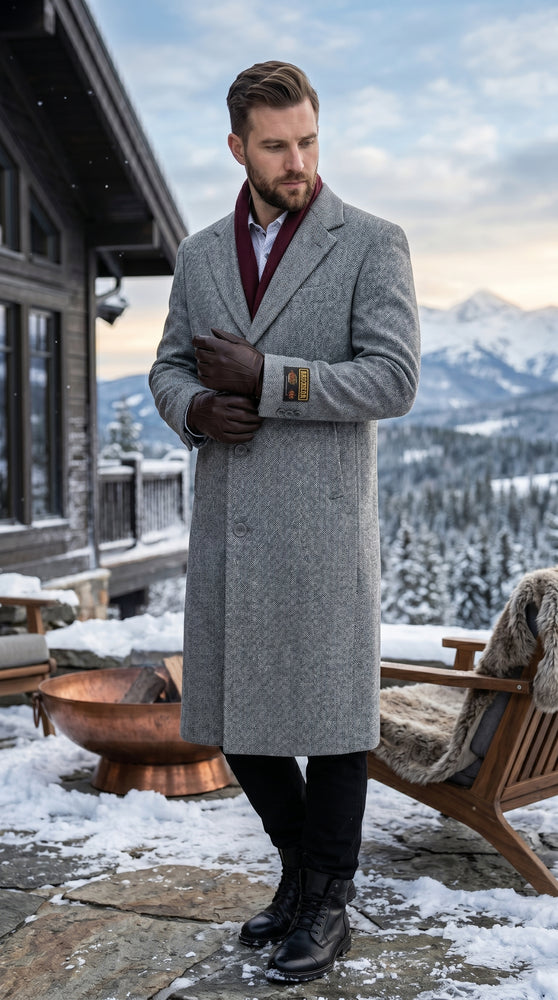 Men’s Light Grey Big and Tall Long Overcoat, Winter Dress Topcoat in 4XL 5XL 6XL