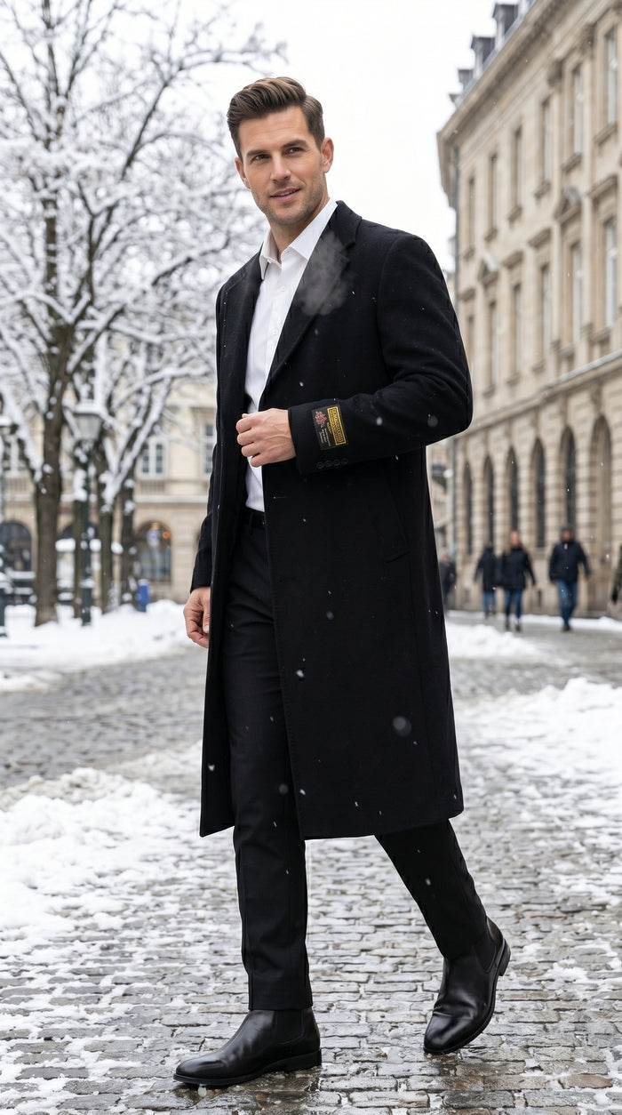 Men’s Black Big and Tall Long Overcoat, Winter Dress Topcoat in 4XL 5XL 6XL