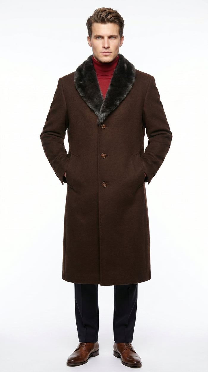 Men’s Brown Big and Tall Long Overcoat with Black Fur Style Collar, Winter Dress Topcoat up to Size 68