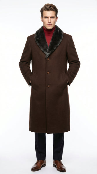Men’s Brown Big and Tall Long Overcoat with Black Fur Style Collar, Winter Dress Topcoat up to Size 68