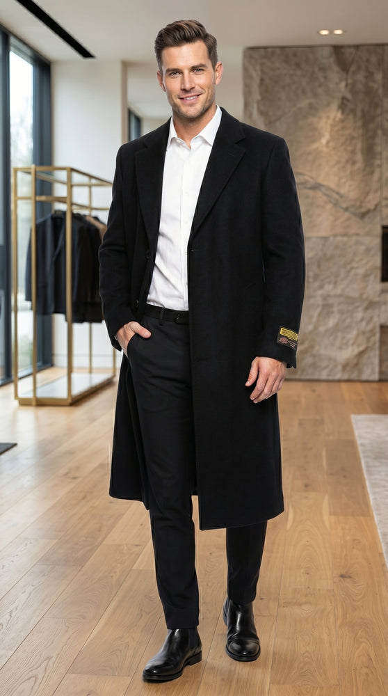 Men’s Black Big and Tall Long Overcoat, Winter Dress Topcoat in 4XL 5XL 6XL