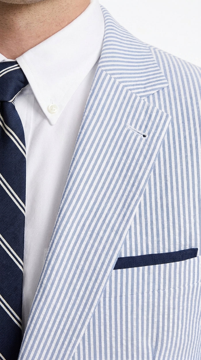 Men’s Dark Navy and White Seersucker Suit, 100% Cotton Classic Summer Wedding Suit