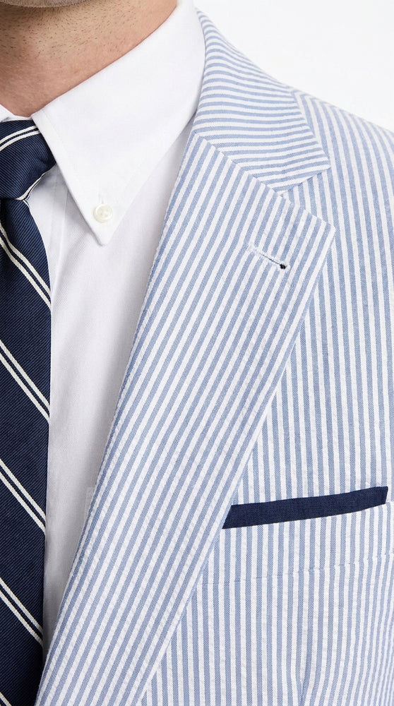 Men’s Dark Navy and White Seersucker Suit, 100% Cotton Classic Summer Wedding Suit