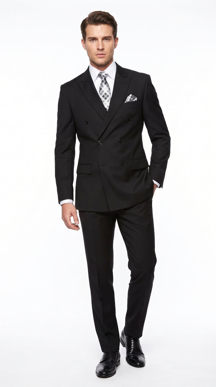 Statement Men’s Black 100% Wool Double Breasted 2 Piece Suit – Fashion Wedding & Formal Suit