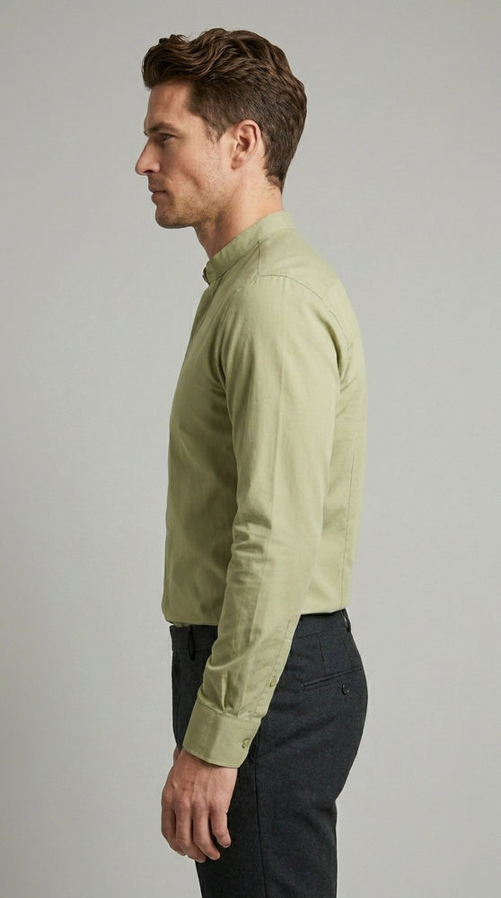Men’s Tan Mandarin Collar Dress Shirt, Collarless Banded Collar Formal Preacher Shirt
