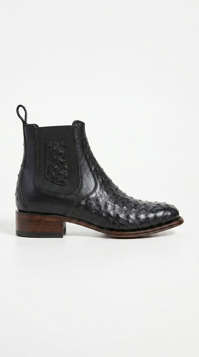 Men’s Black Ostrich Leather Ankle Boots, Square Toe Exotic Western Dress Boots