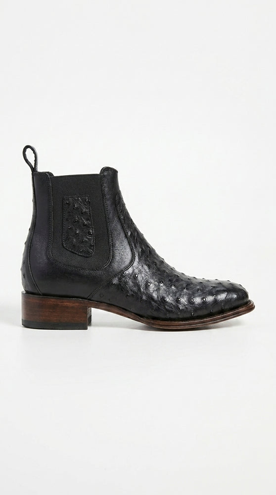 Men’s Black Ostrich Leather Ankle Boots, Square Toe Exotic Western Dress Boots