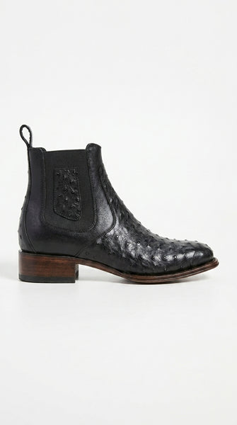 Men’s Black Ostrich Leather Ankle Boots, Square Toe Exotic Western Dress Boots
