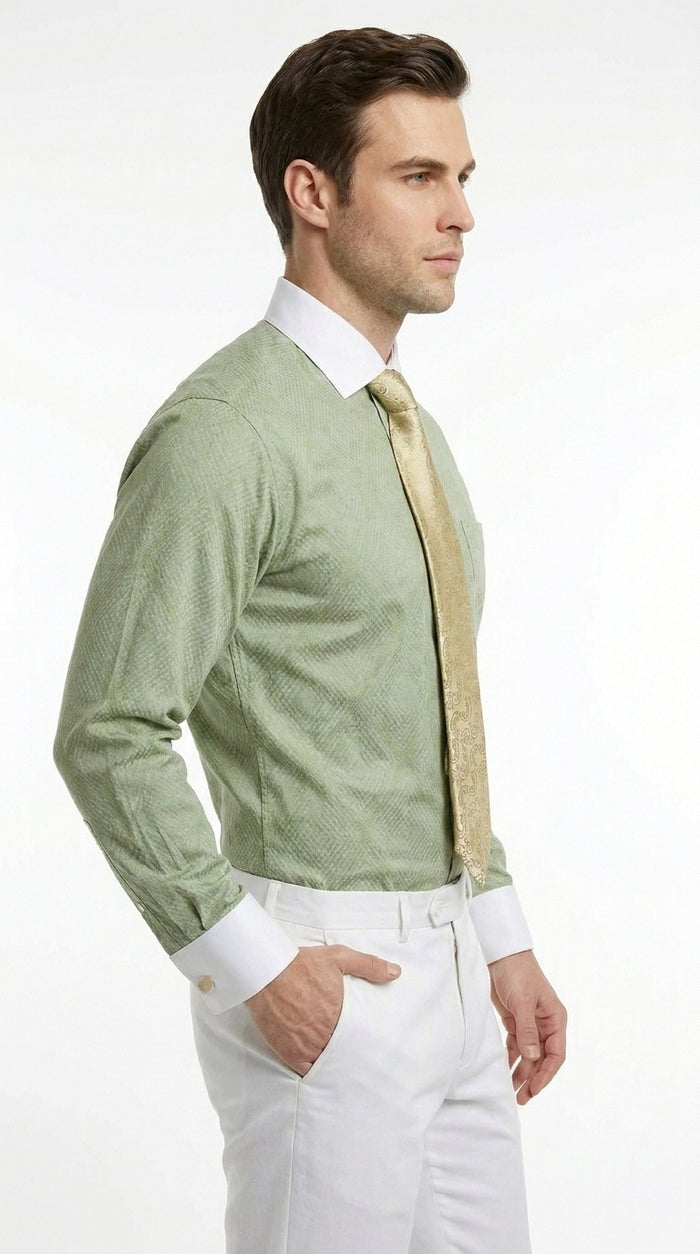 Men’s Apple Green Mini Plaid French Cuff Dress Shirt with Tie and Handkerchief, White Collar Contrast Shirt