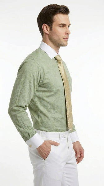 Men’s Apple Green Mini Plaid French Cuff Dress Shirt with Tie and Handkerchief, White Collar Contrast Shirt
