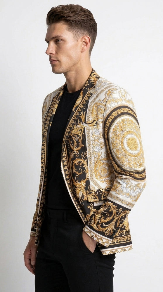 Men’s Black and Gold Baroque Print Blazer – Luxury Yellow Pattern Sport Coat for Wedding, Prom and Party