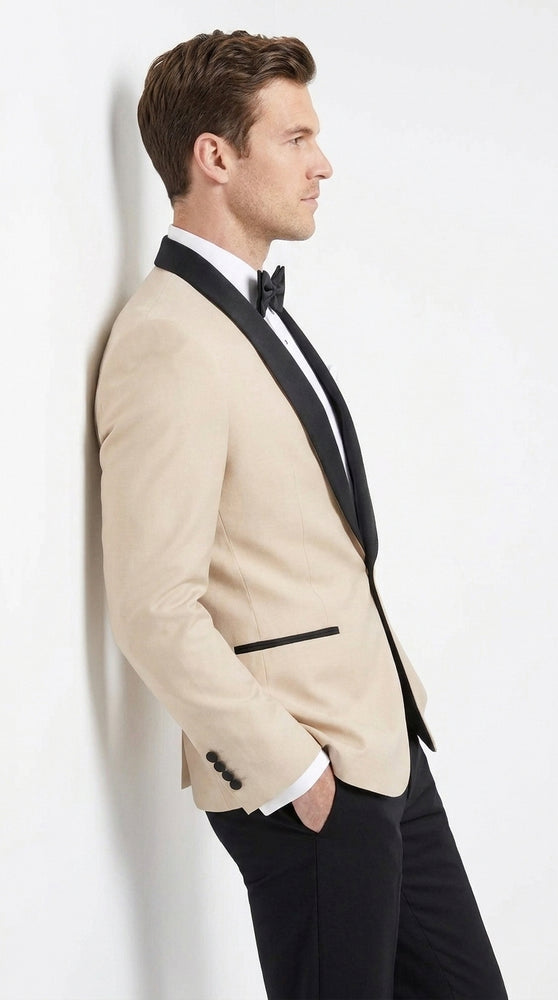 Men’s Champagne Light Tan Tuxedo Jacket with Black Shawl Lapel, One Button Formal Dinner Blazer