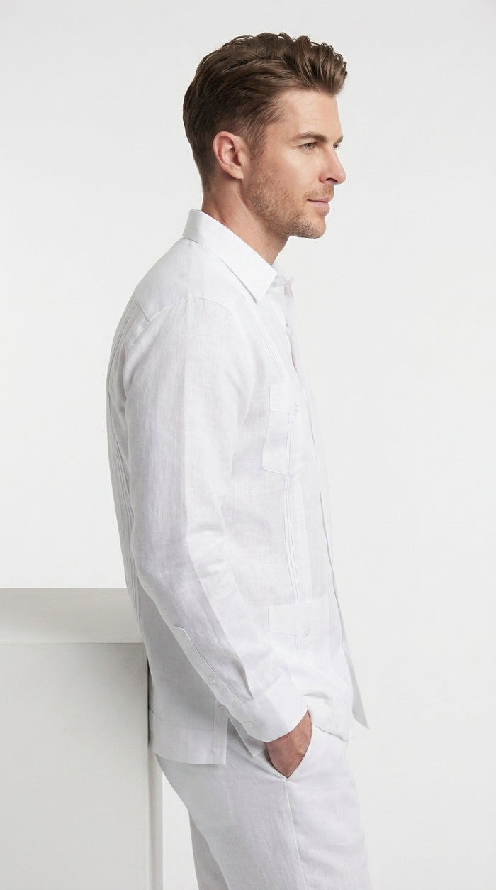 Men’s White 4 Pocket Short Sleeve Guayabera Shirt, Pleated Casual Dress Shirt