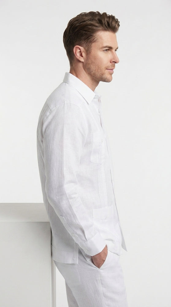 Men’s White 4 Pocket Short Sleeve Guayabera Shirt, Pleated Casual Dress Shirt