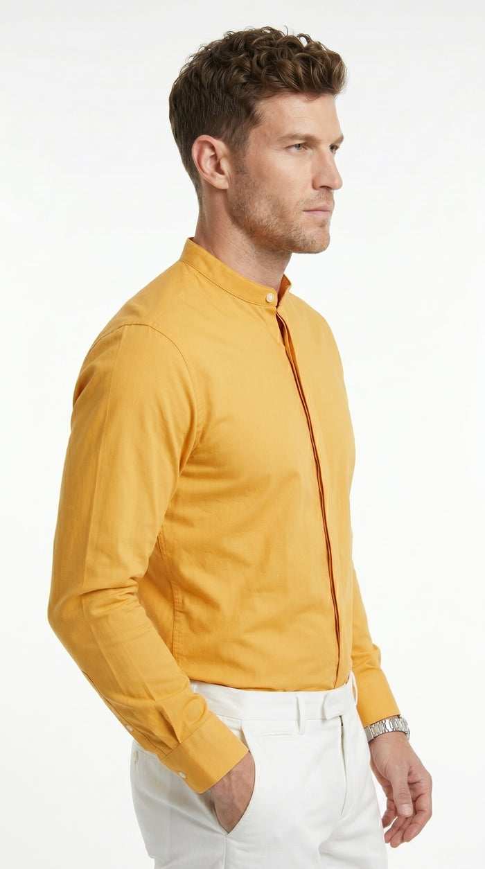 Men’s Honey Gold Mandarin Collar Dress Shirt, Banded Collar Oriental Style Formal Shirt