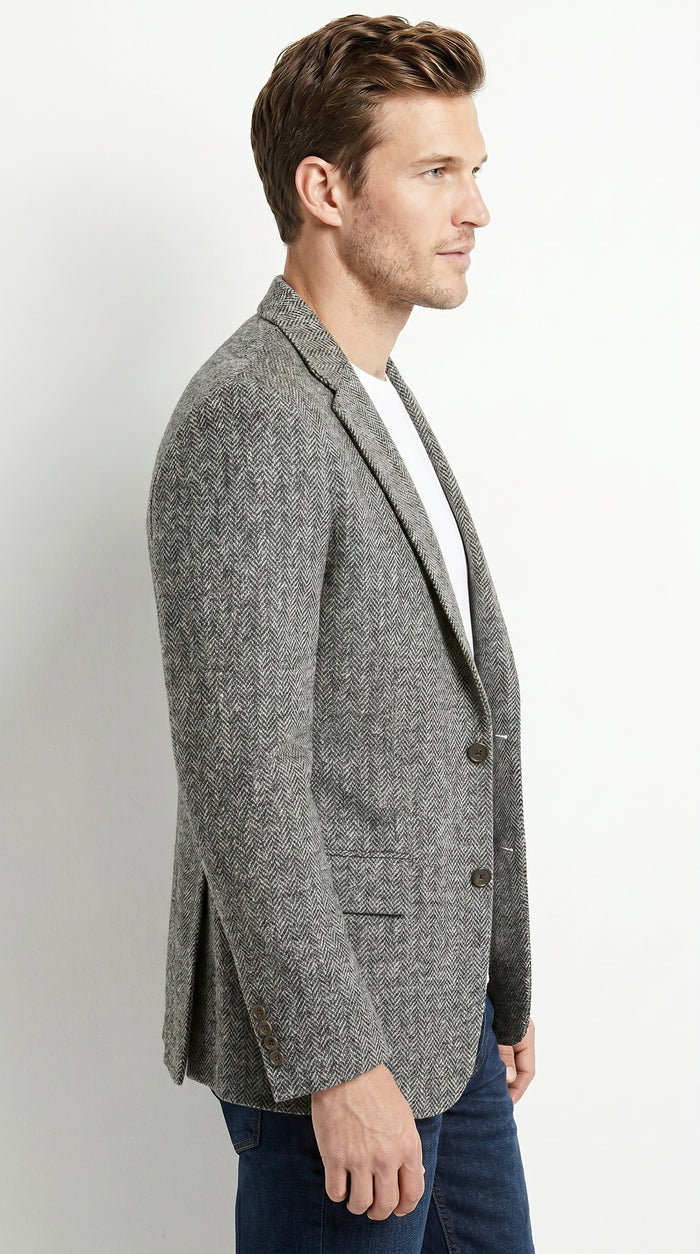 Men’s Grey Harris Tweed Herringbone Sport Coat, Classic Dress Casual Blazer Jacket